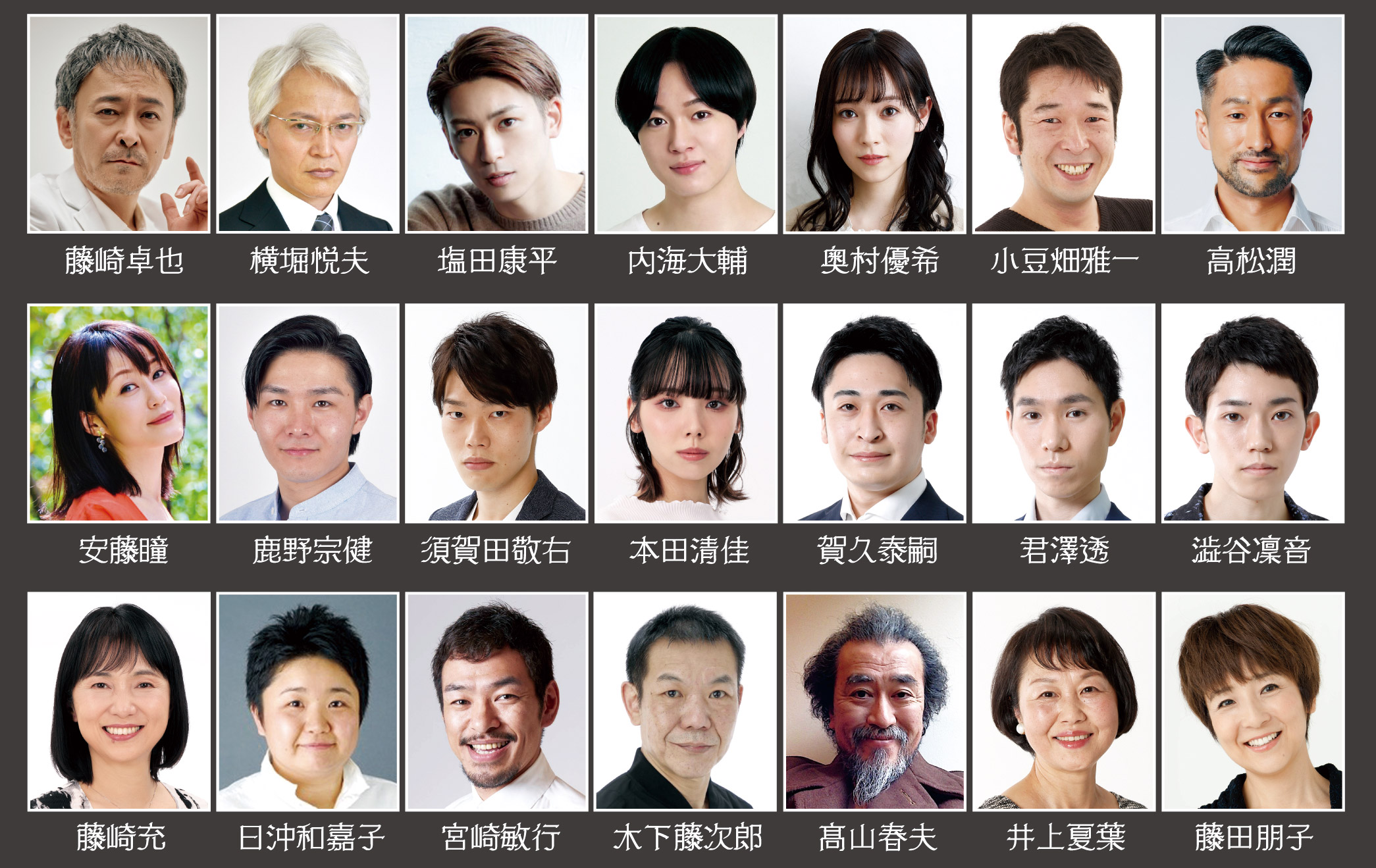 藤崎卓也 横堀悦夫 塩田康平 内海大輔 奥村優希 小豆畑雅一 高松潤 安藤瞳 鹿野宗健 須賀田敬右 本田清佳 賀久泰嗣 君澤透 澁谷凜音 藤崎充 日沖和嘉子 宮崎敏行 木下藤次郎 高山春夫 井上夏葉 藤田朋子